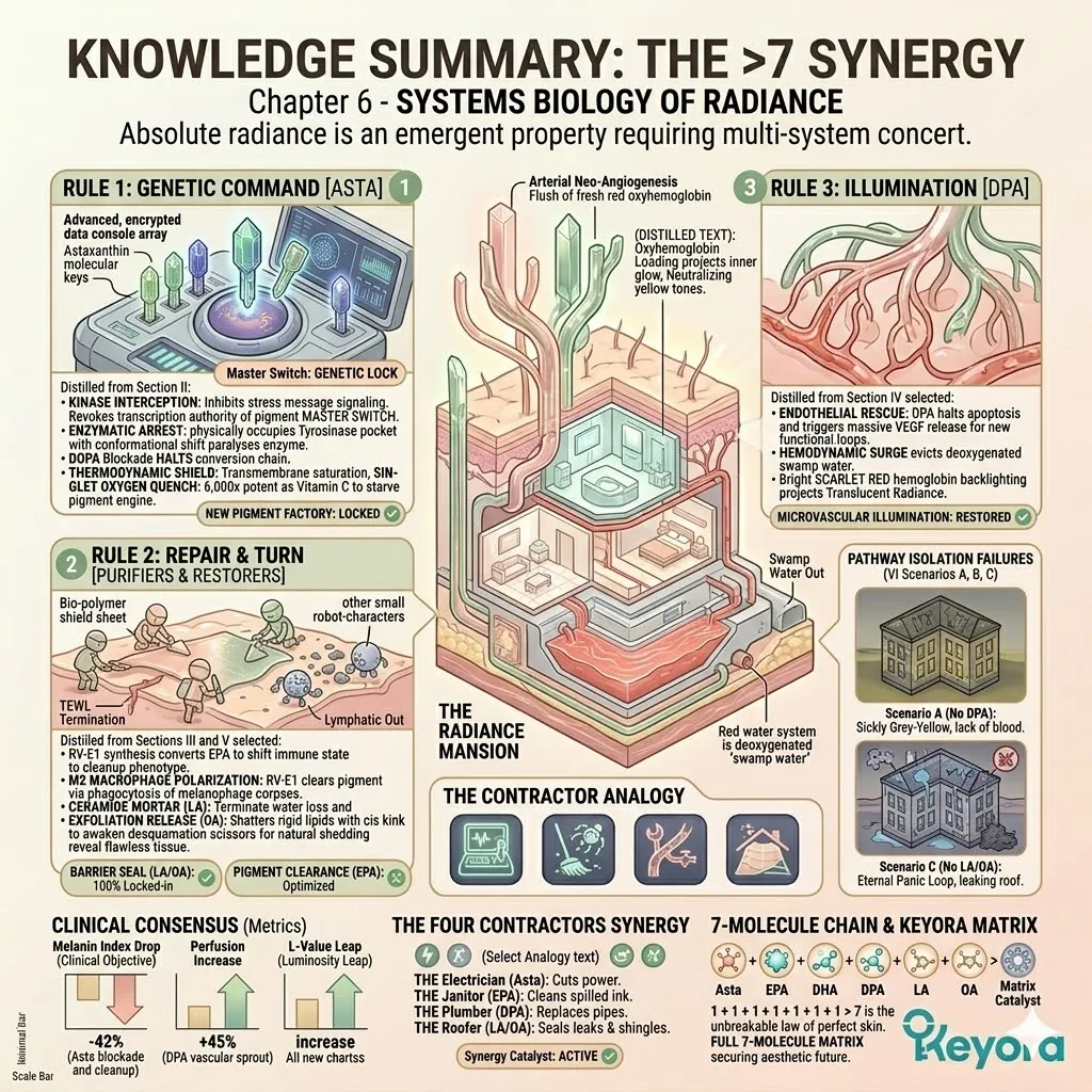 The 7-molecule synergy terminates the neuro-endocrine storm and pathological web, achieving systemic sovereignty through a unified genetic, immunological, and hemodynamic blockade.