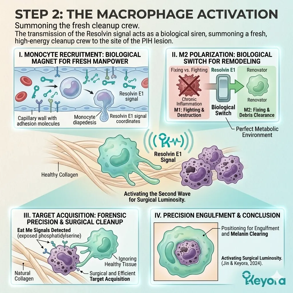 Monocyte Recruitment and M2 Polarization activate the fresh cleanup battalion for surgical Target Acquisition of the ashen melanophage graveyard.