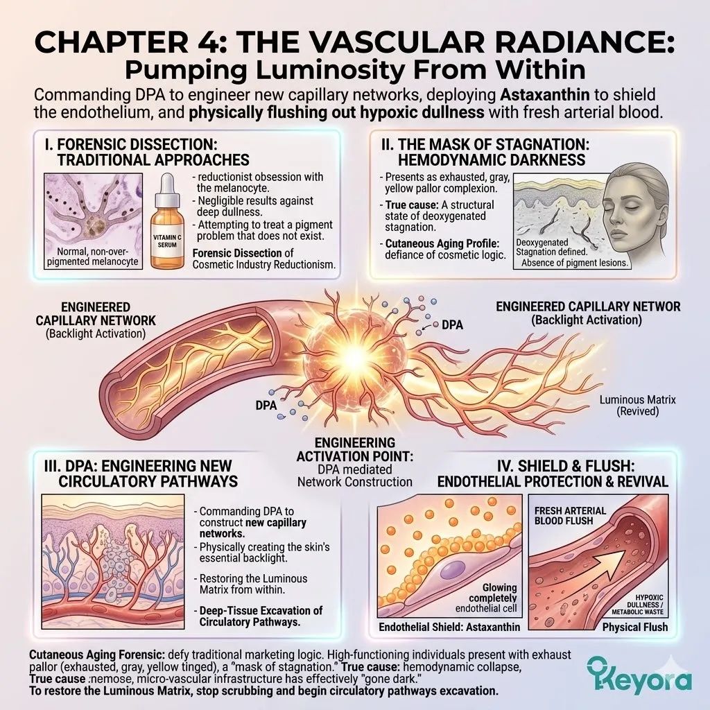 Hemodynamic excavation via Keyora protocols reverses vascular stagnation through DPA-driven angiogenesis and endothelial protection to restore arterial radiance.