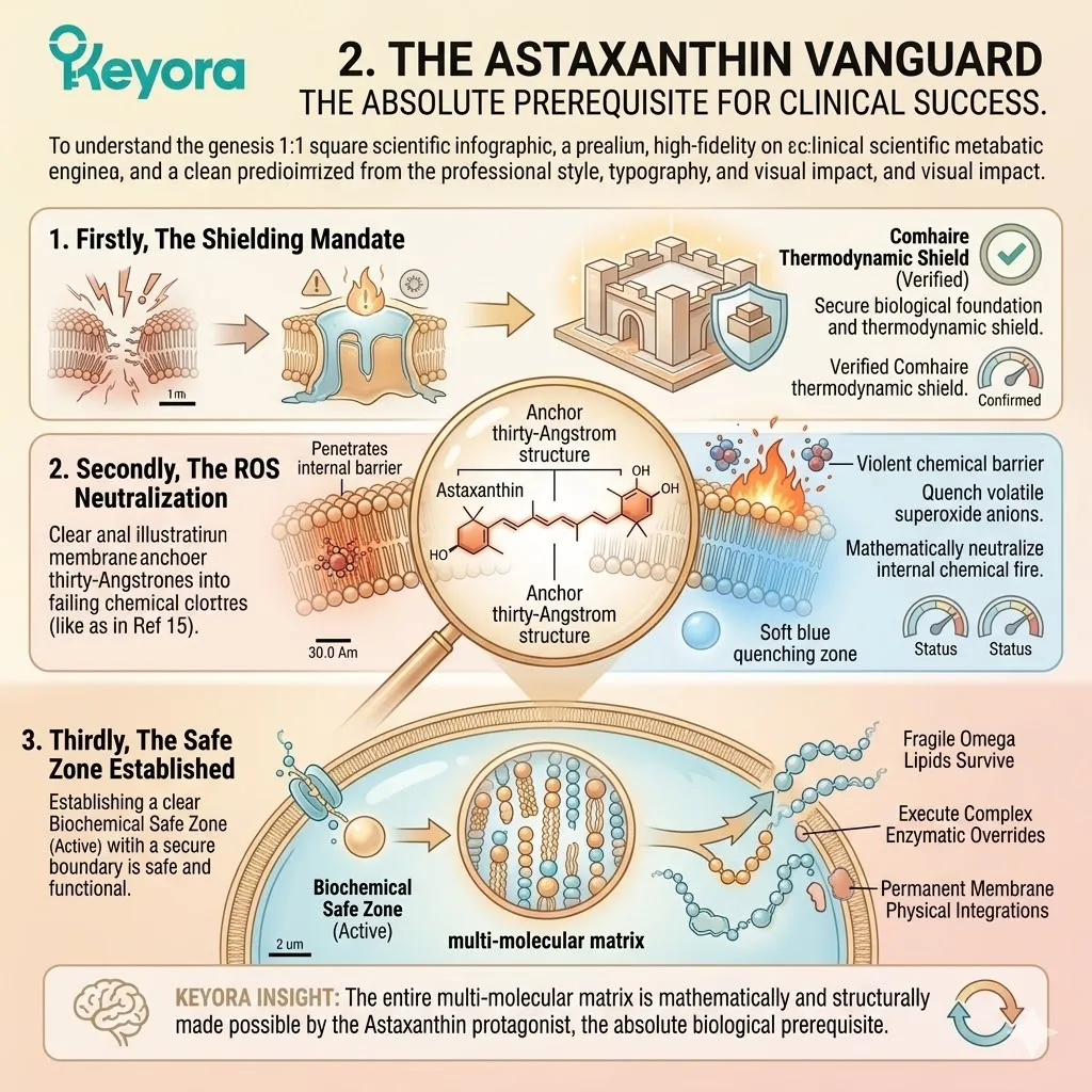 The Astaxanthin vanguard anchors its thirty-Angstrom structure into membranes, quenching superoxide anions to establish the mandatory safe zone for Omega lipids.