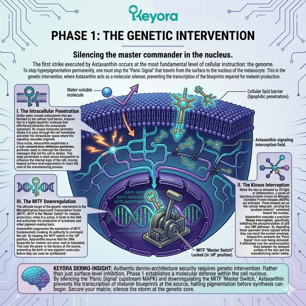 Astaxanthin executes a genetic intervention to silence MITF and MAPK pathways, terminating the panic signal to ensure absolute systemic sovereignty.