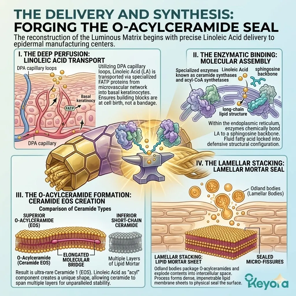 Deep perfusion of Linoleic Acid into Odland bodies drives O-acylceramide formation and lamellar stacking to seal micro-fissures and restore refractive index.