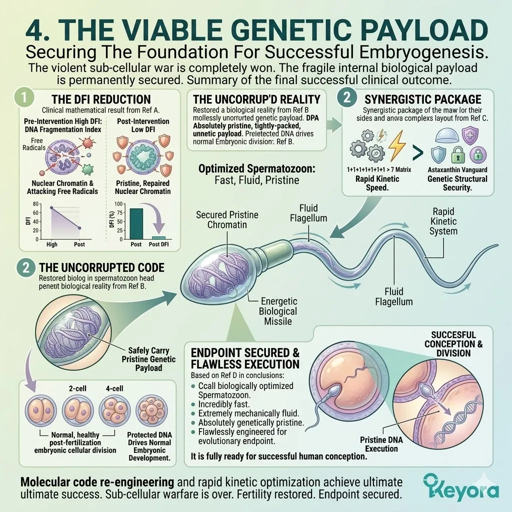 The Four-Drive System reduces the DNA Fragmentation Index, delivering a pristine genetic payload within a high-velocity, mechanically fluid biological missile for Keyora.