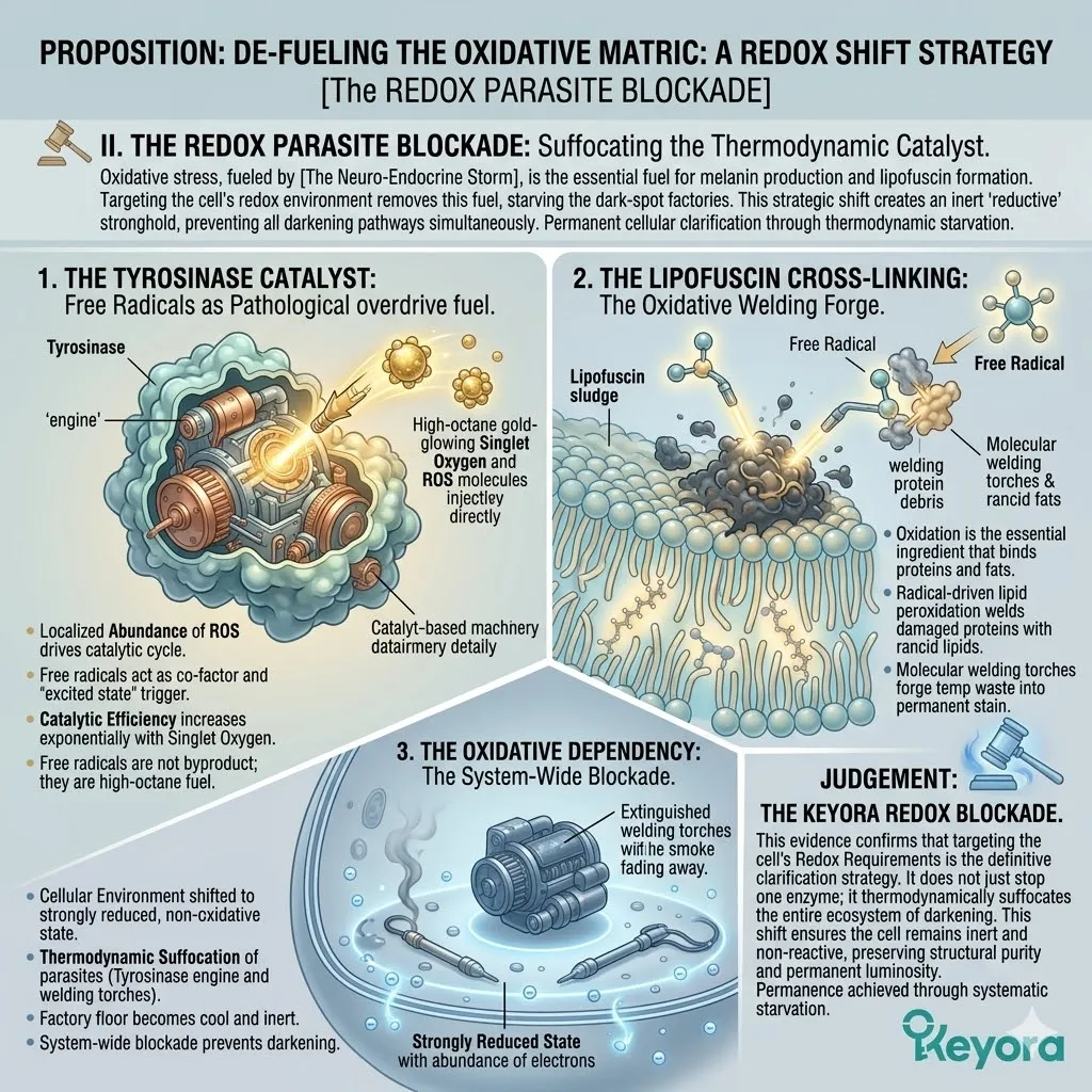 Tyrosinase and lipofuscin act as thermodynamic parasites that utilize oxidative tension and radical-driven cross-linking as high-octane fuel for industrial darkening.