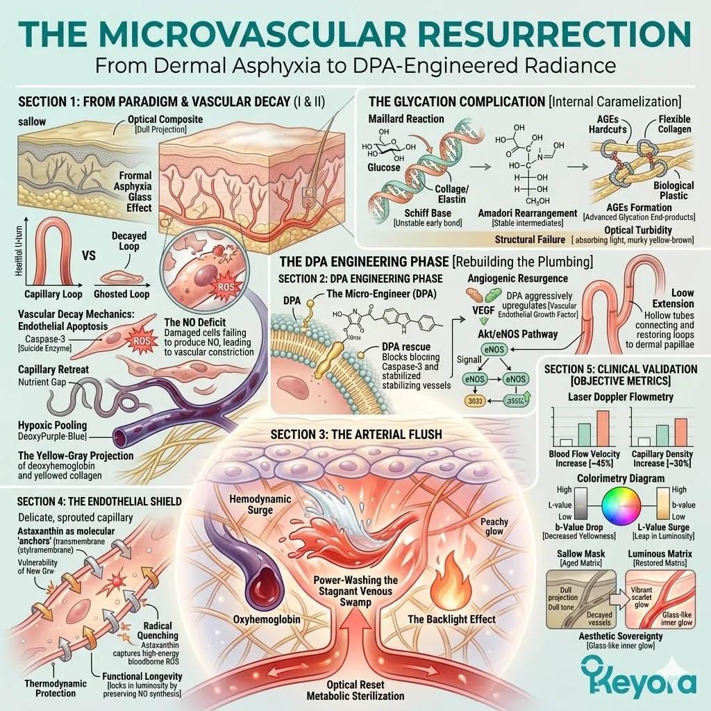 The Keyora Luminous Matrix protocol executes a total vascular reboot—transitioning the dermis from a stagnant, glycated swamp into a high-pressure arterial river to restore systemic optical sovereignty.