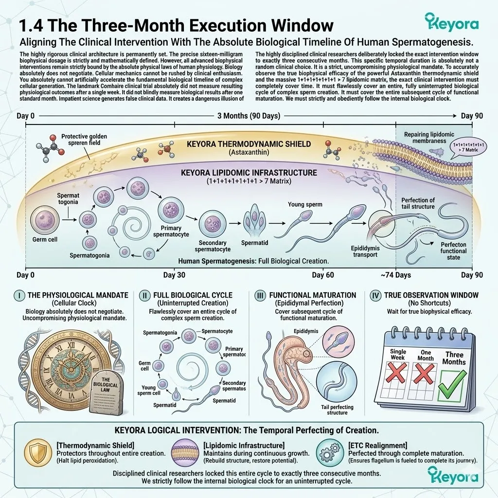 The three-month execution window aligns with the 74-day spermatogenesis cycle to ensure ATP synthesis and systemic regulation within the Four-Drive System.