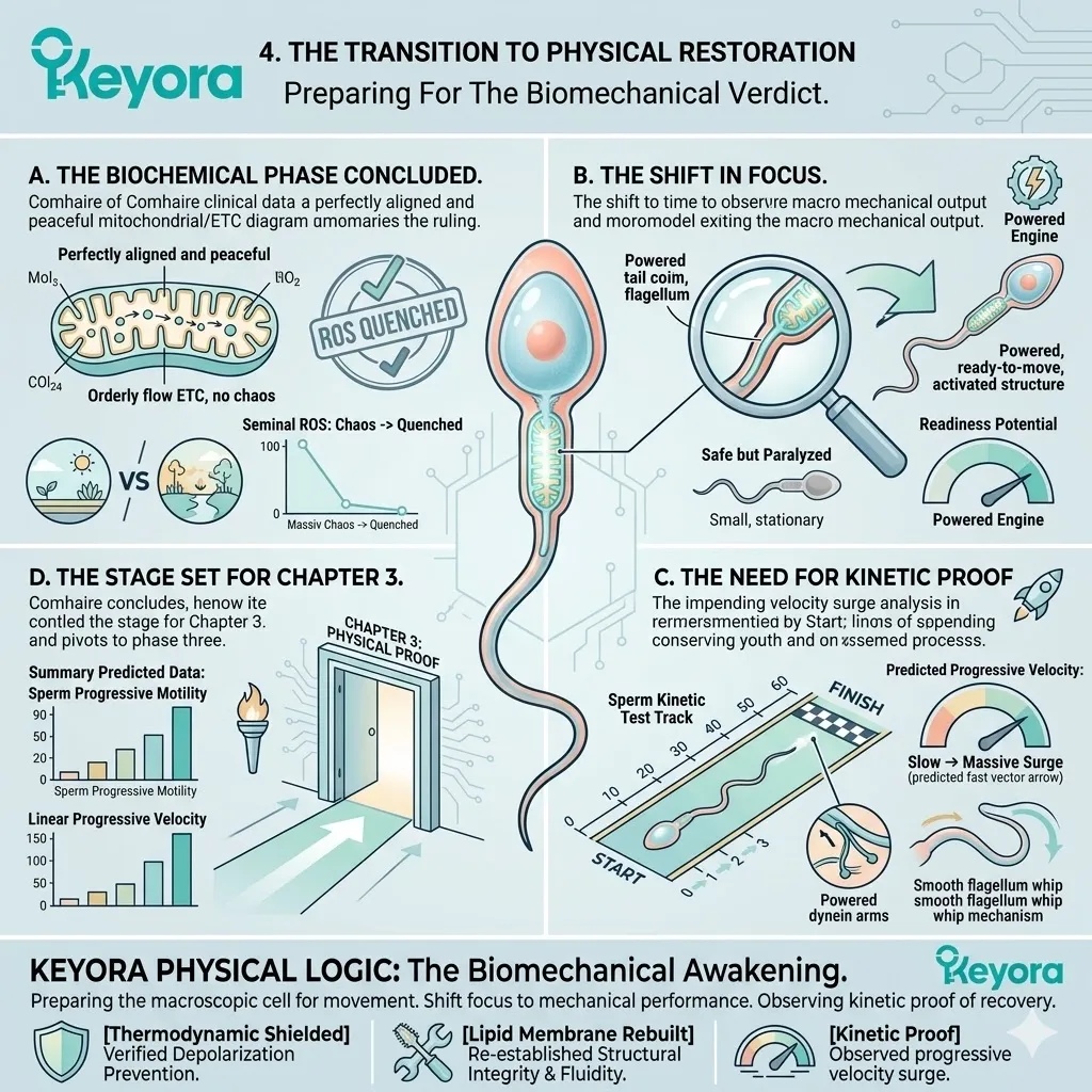 Biochemical phase concludes as the safe zone enables a shift to macroscopic physical restoration and kinetic validation within the Keyora Four-Drive System.