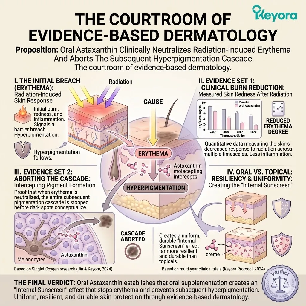 Oral astaxanthin neutralizes radiation-induced erythema to abort the hyperpigmentation cascade and establish an internal sunscreen effect.