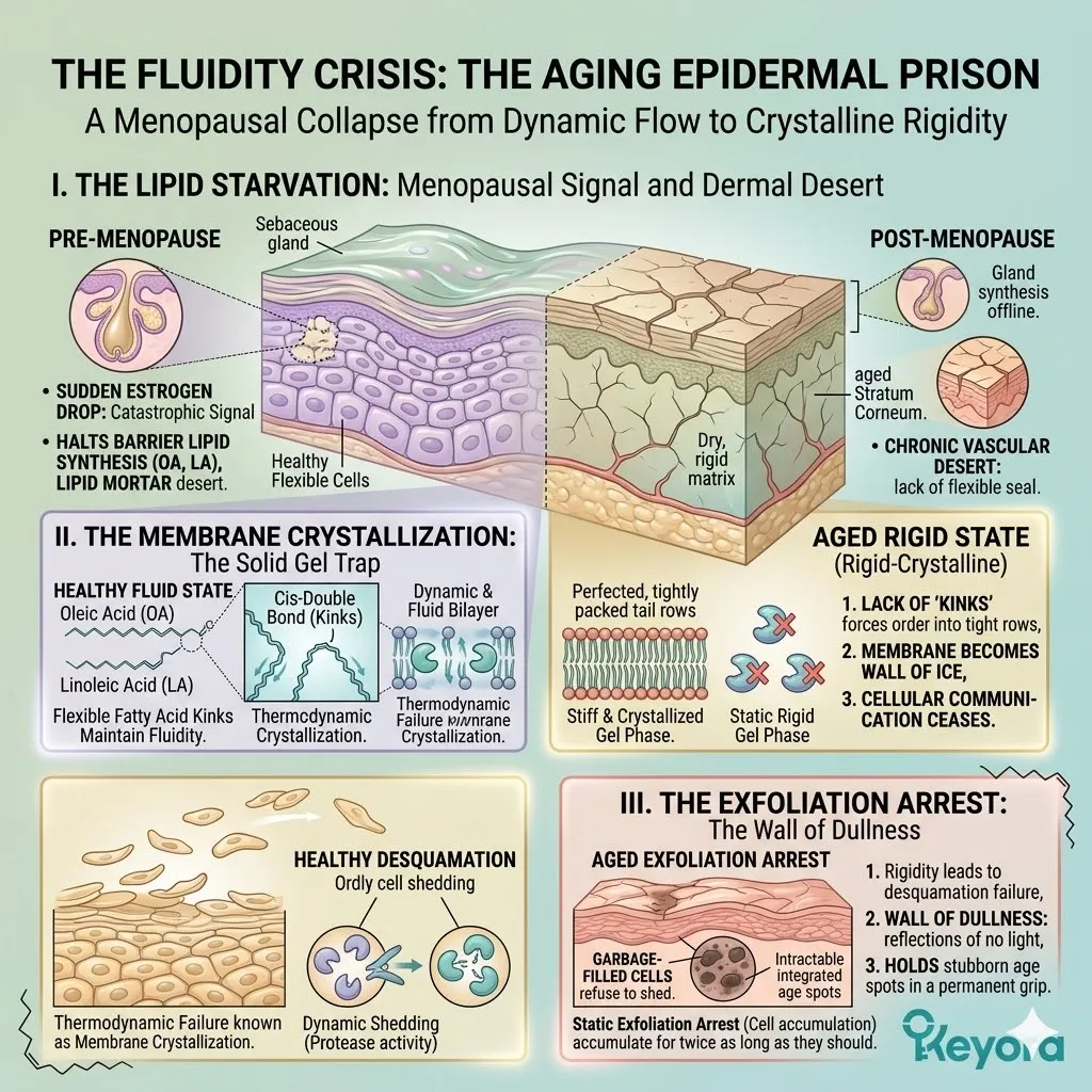Hormonal lipid starvation induces membrane crystallization and a state of exfoliation arrest within the rigid prison of the aging epidermis.