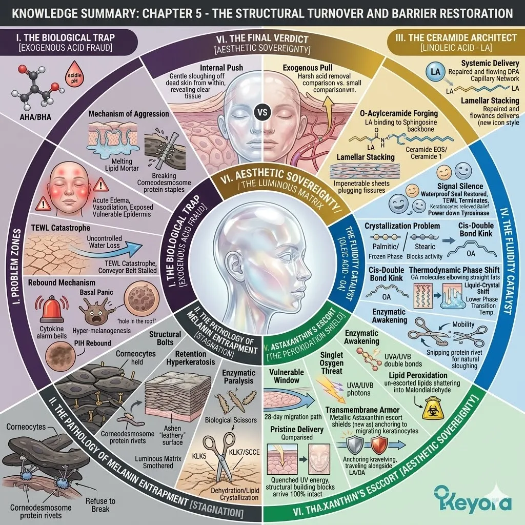 Internal growth drives a biological reveal to shed melanin-stained cells via the O-acylceramide seal and liquid-crystal phase shift for aesthetic sovereignty.