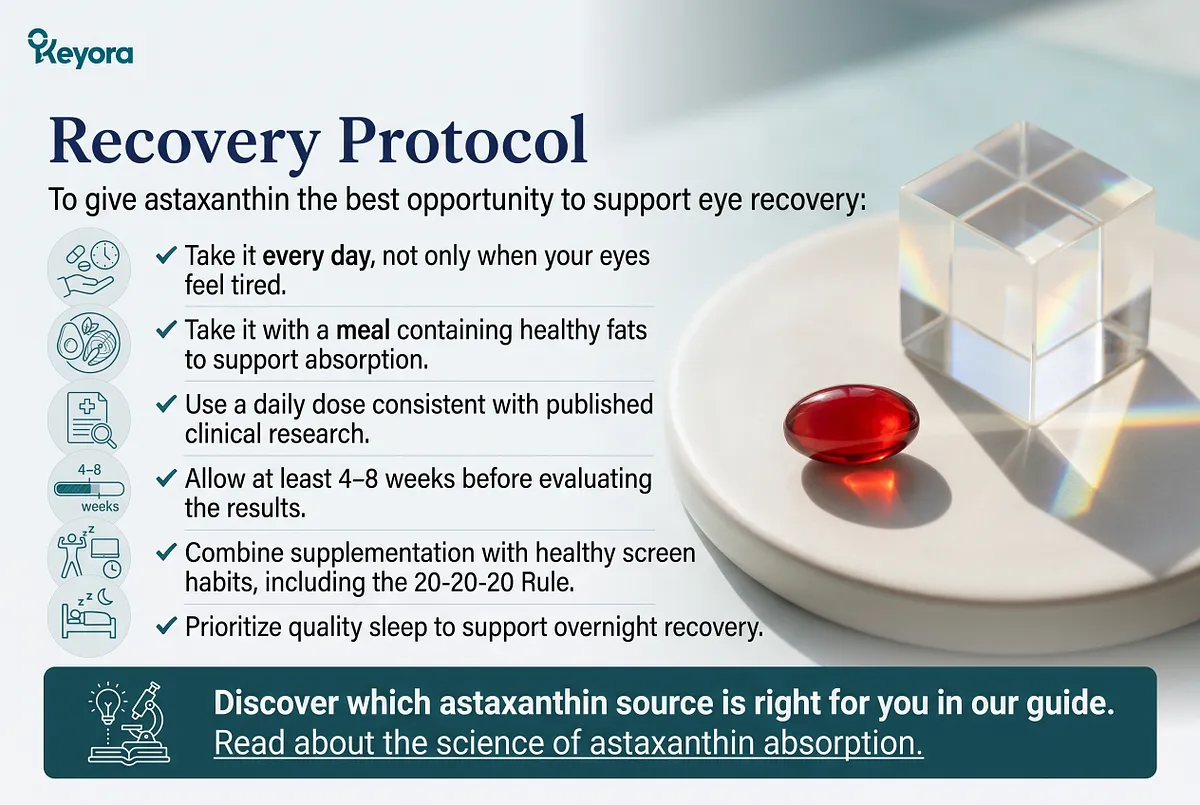KEYORA protocol slide titled "Recovery Protocol", presenting a single red astaxanthin softgel on a white pedestal beside a clear prism casting rainbow reflections. It lists 6 rules: take it daily, take with healthy fats, use a clinically researched dose, allow 4–8 weeks, follow the 20-20-20 rule, and prioritize quality sleep. KEYORA protocol slide titled "Recovery Protocol", presenting a single red astaxanthin softgel on a white pedestal beside a clear prism casting rainbow reflections. It lists 6 rules: take it daily, take with healthy fats, use a clinically researched dose, allow 4–8 weeks, follow the 20-20-20 rule, and prioritize quality sleep.