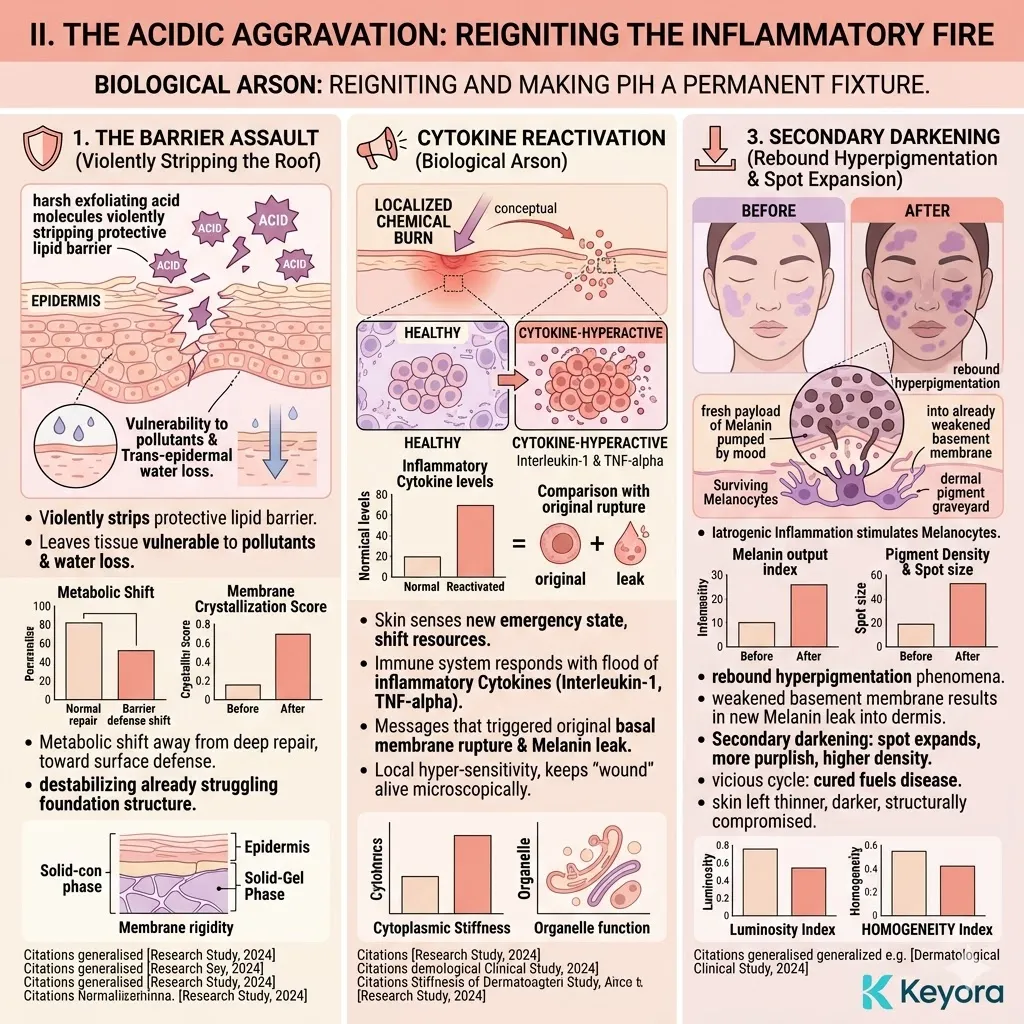 Barrier Assault and Cytokine Reactivation from harsh acids trigger Iatrogenic Inflammation and Secondary Darkening, fueling the PIH vicious cycle.