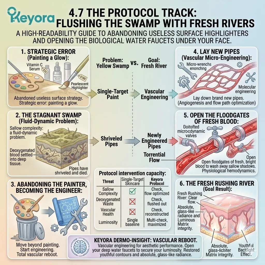 Keyora fluid-dynamic engineering replaces deoxygenated stagnation with fresh arterial rivers to restore the internal backlight and systemic optical sovereignty.