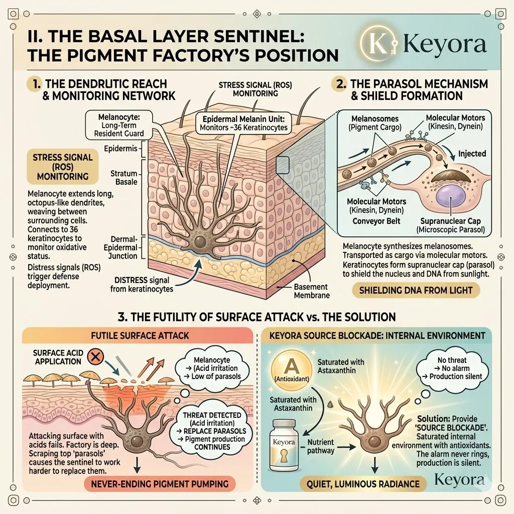 Dendritic sentinels deploy melanosome parasols via molecular motors to neutralize reactive oxygen species and secure the stratum basale architecture.