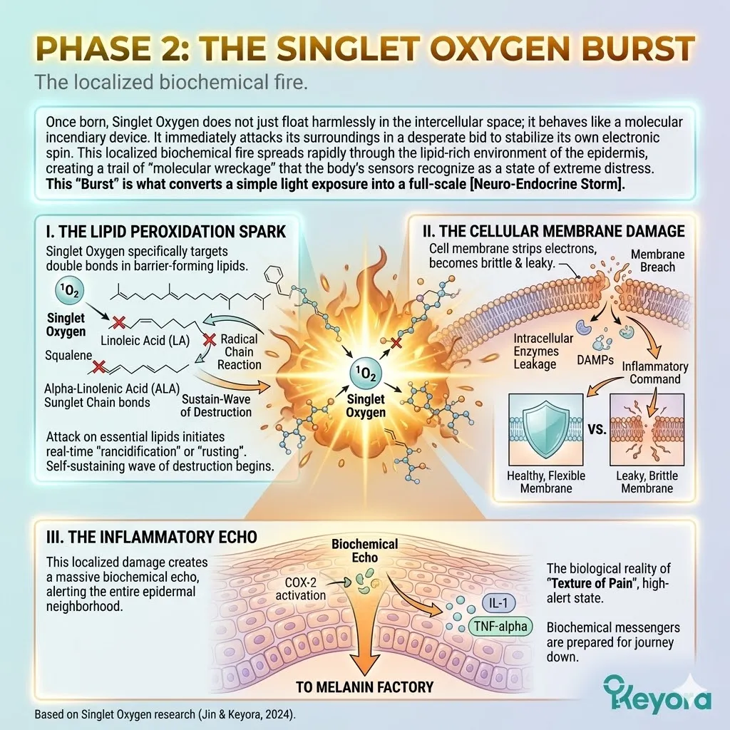 Singlet oxygen triggers lipid peroxidation and membrane breaches, fueling a systemic neuro-endocrine storm and inflammatory cytokine release.