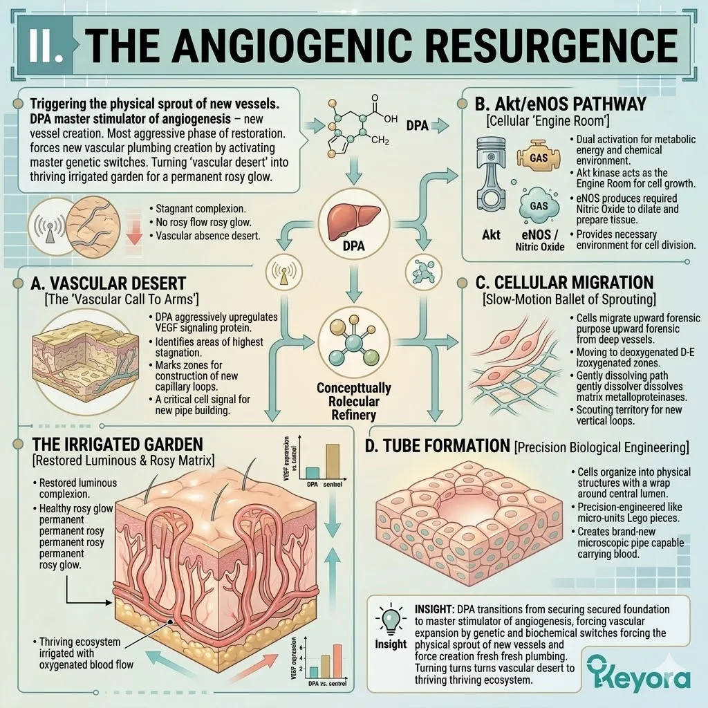 Keyora DPA-driven angiogenic resurgence activates VEGF upregulation and the Akt/eNOS pathway to engineer tube formation and systemic vascular sovereignty.