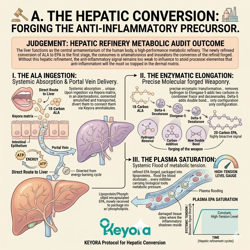 Hepatic Enzymatic Elongation transforms 18-carbon ALA into 20-carbon EPA via Delta-6 Desaturase to achieve Plasma Saturation for dermal repair.