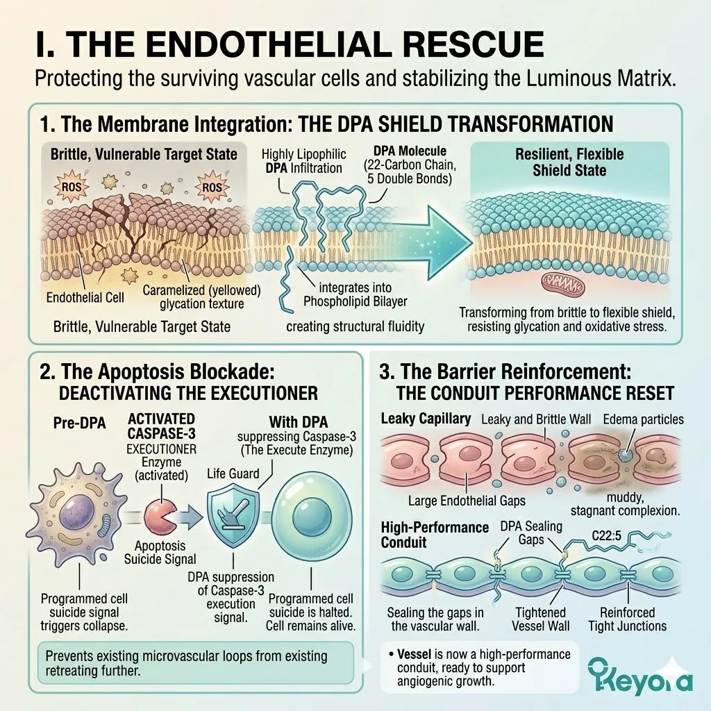 Keyora endothelial rescue stabilizes the phospholipid bilayer and activates a Caspase-3 apoptosis blockade to reinforce systemic vascular sovereignty.