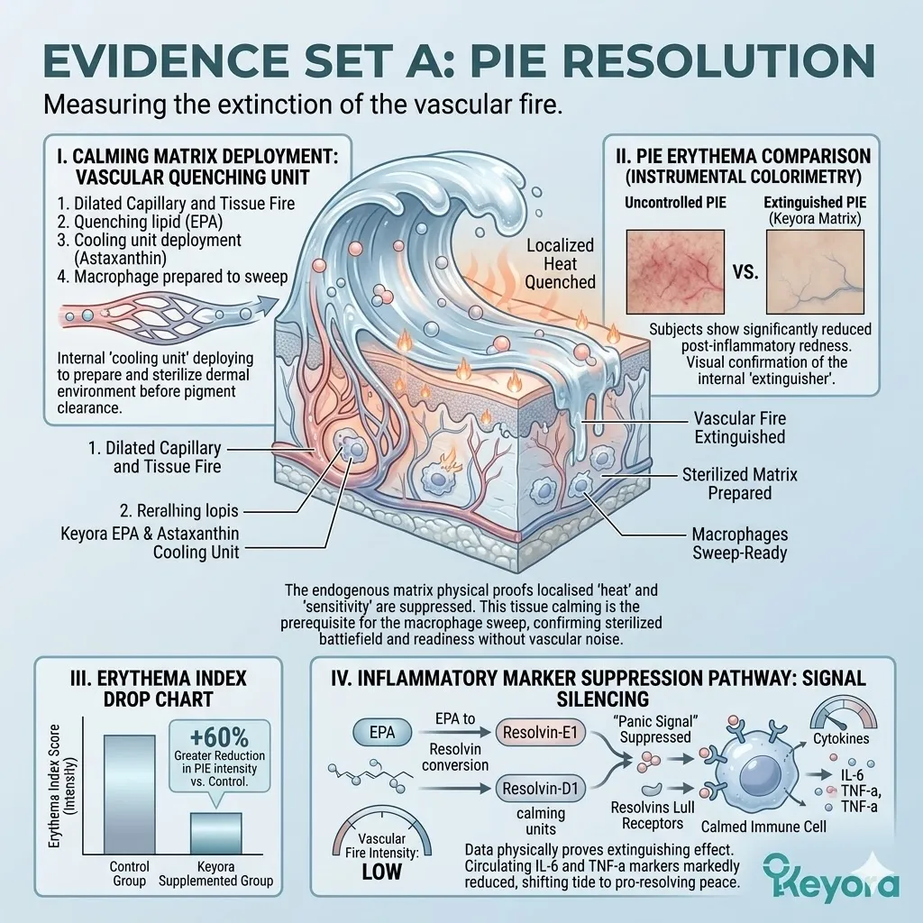Erythema Index Drop and Inflammatory Marker Suppression through IL-6 and TNF-a reduction drive Tissue Calming for the Resolvin-mediated sweep.
