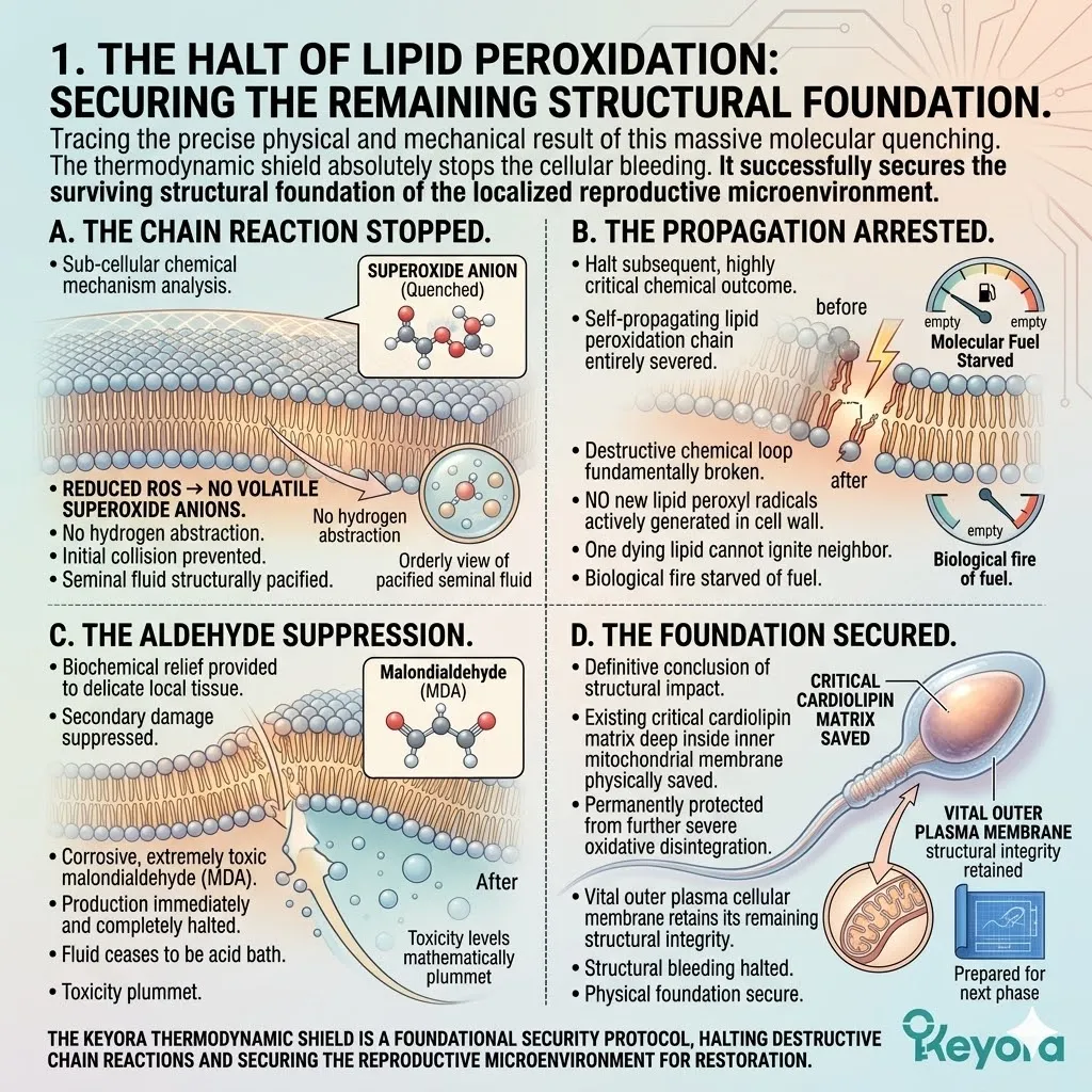 The thermodynamic shield halts hydrogen abstraction, severing the lipid peroxidation chain reaction to secure the structural foundation of the Four-Drive System.