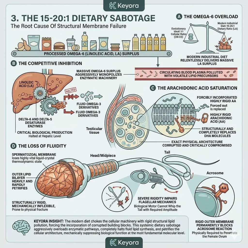 Systemic 15:1 dietary sabotage forces rigid arachidonic acid into the lipid bilayer, petrifying the membrane and halting ATP synthesis via the Four-Drive System.