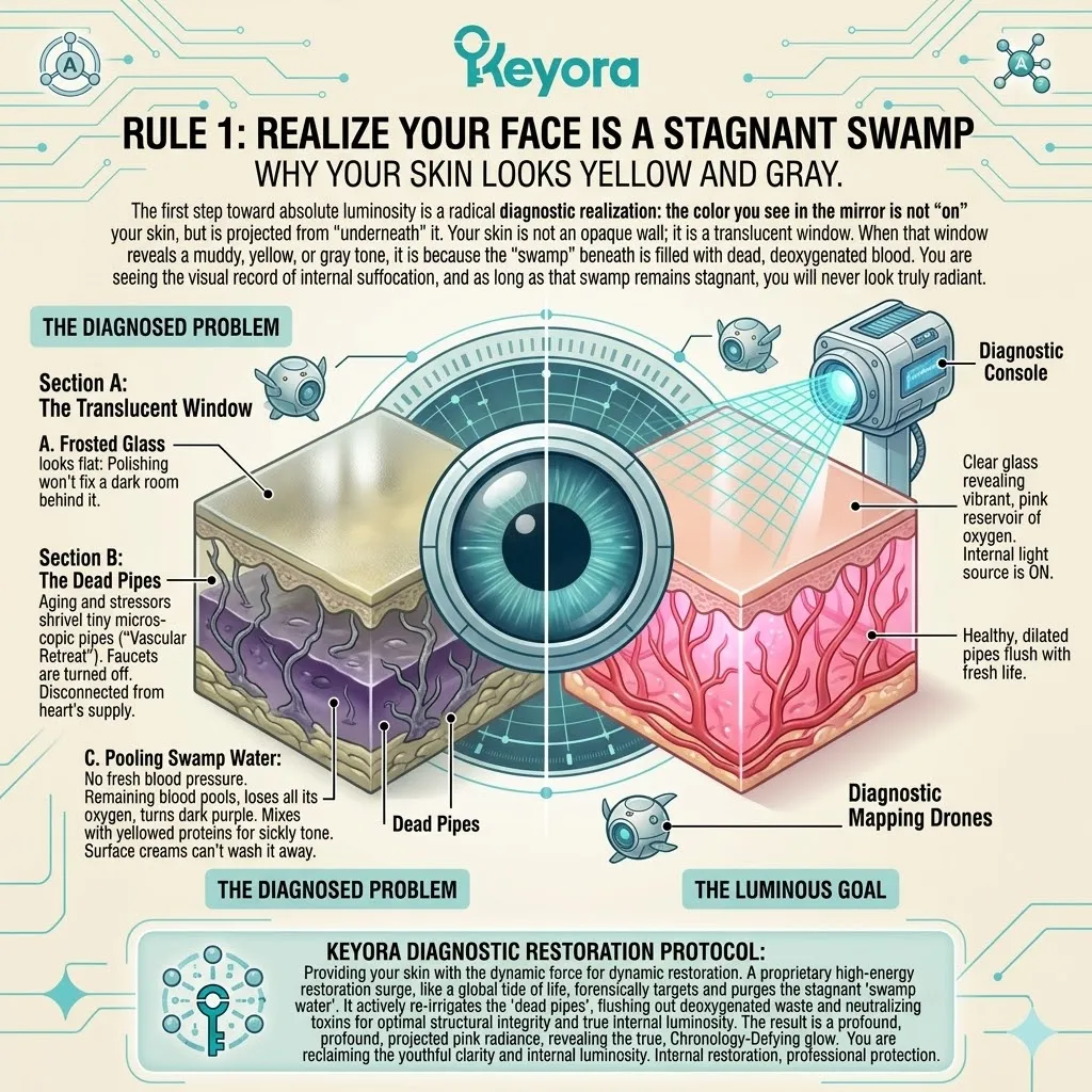 Keyora diagnostic protocol identifies vascular retreat and deoxygenated stagnation as the primary drivers of the sallow, gray complexion and systemic optical failure.