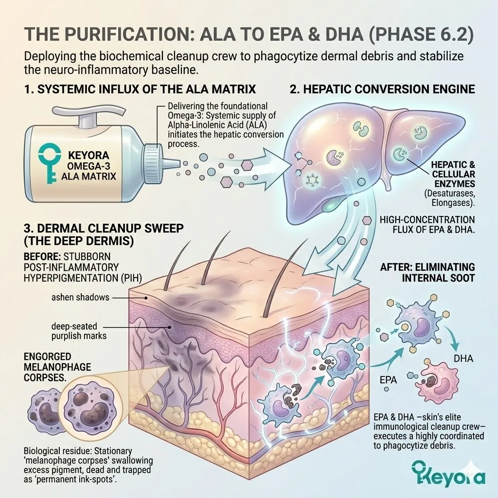 ALA to EPA conversion deploys the biochemical cleanup crew to phagocytize melanophage corpses and resolve the neuro-endocrine storm for systemic sovereignty.