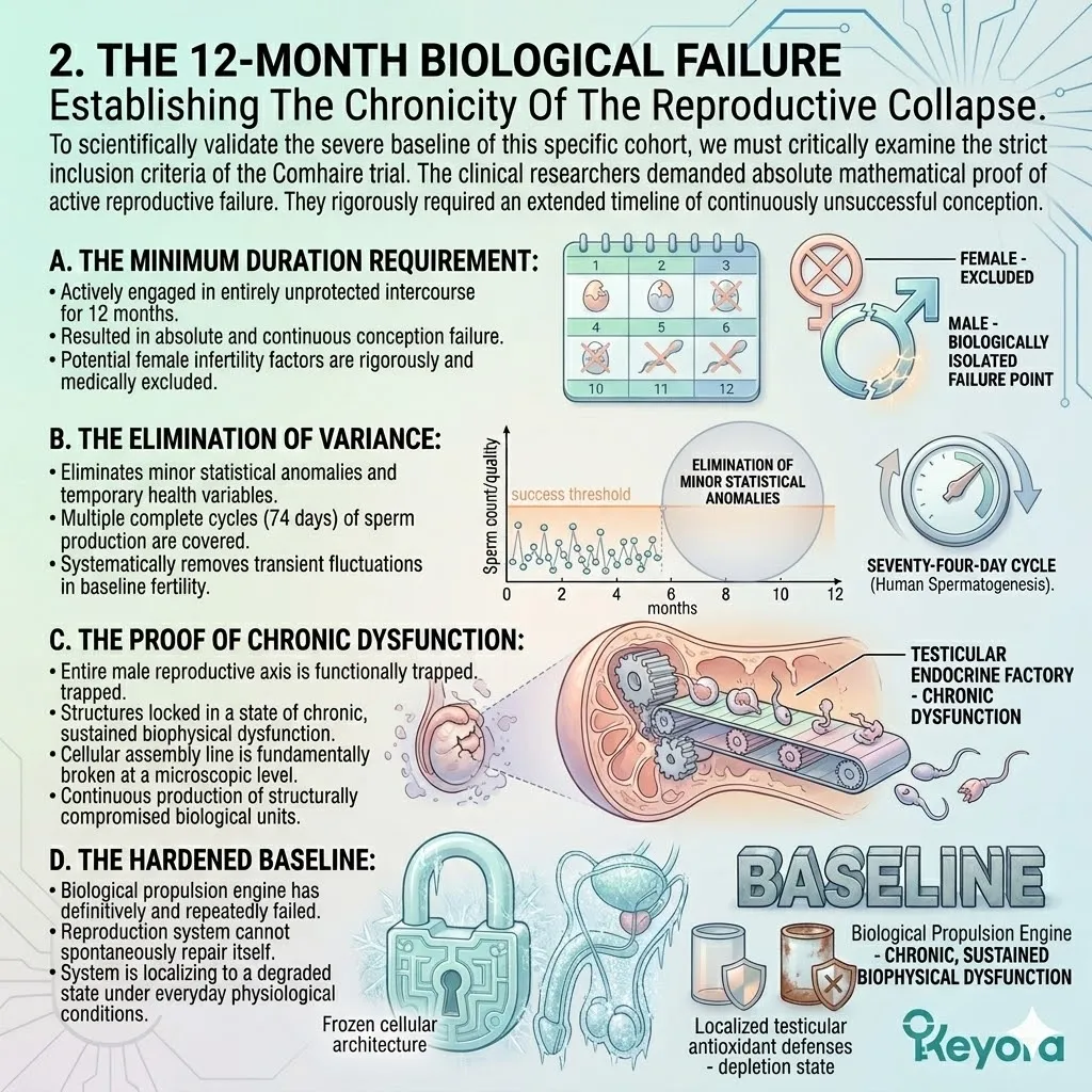 Chronicity of the 12-month biological failure establishes a hardened baseline of architectural collapse, halting ATP synthesis and systemic regulation.