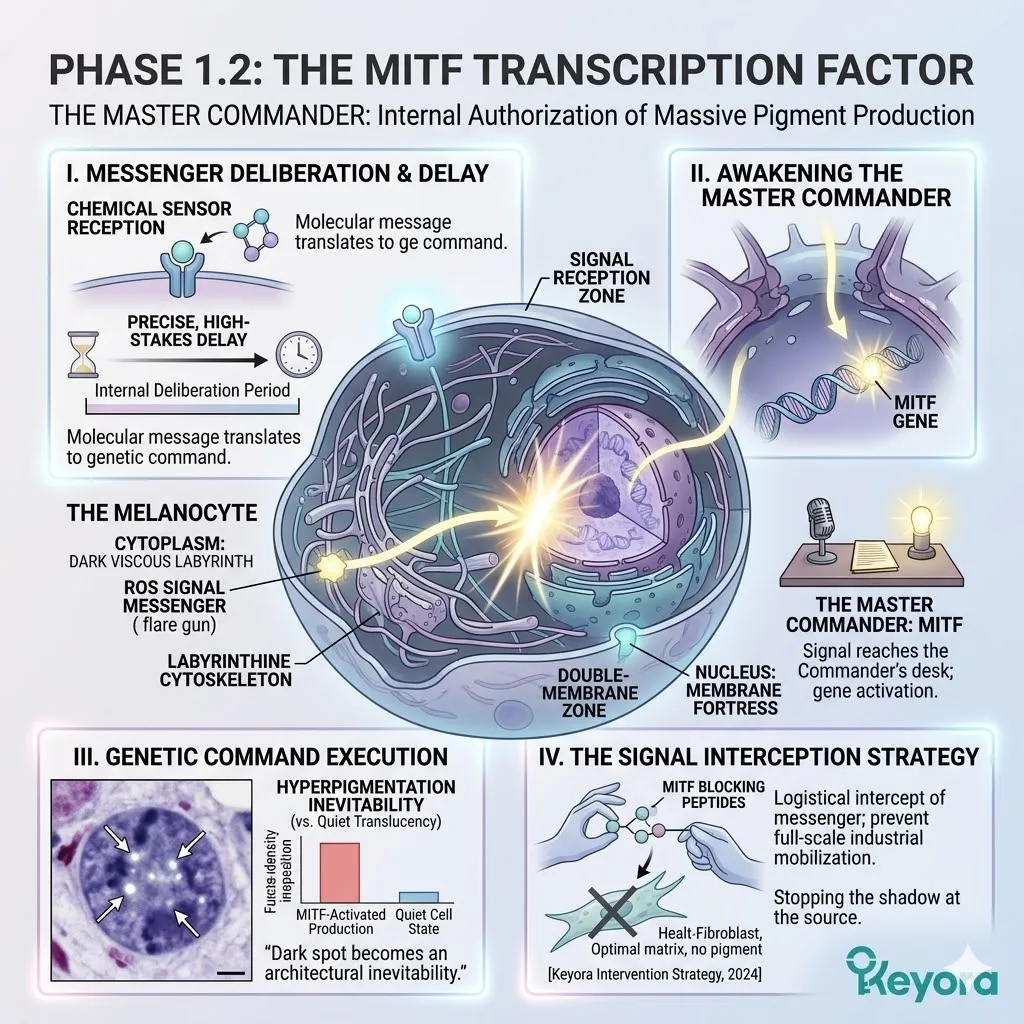Intracellular signaling navigates the cytoplasm to awaken the MITF transcription factor, authorizing industrial mobilization of the melanin factory.