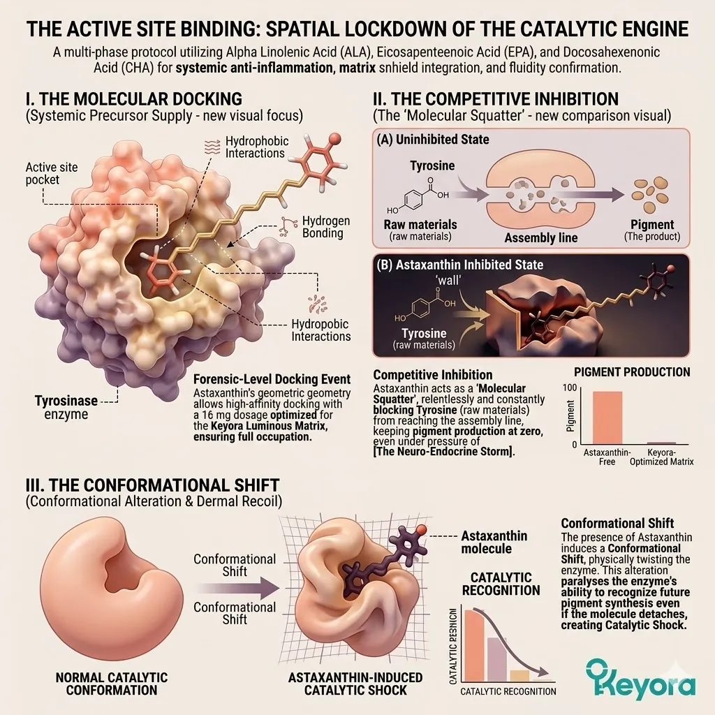 Astaxanthin executes molecular docking and competitive inhibition to induce a conformational shift and catalytic shock in the tyrosinase enzyme.