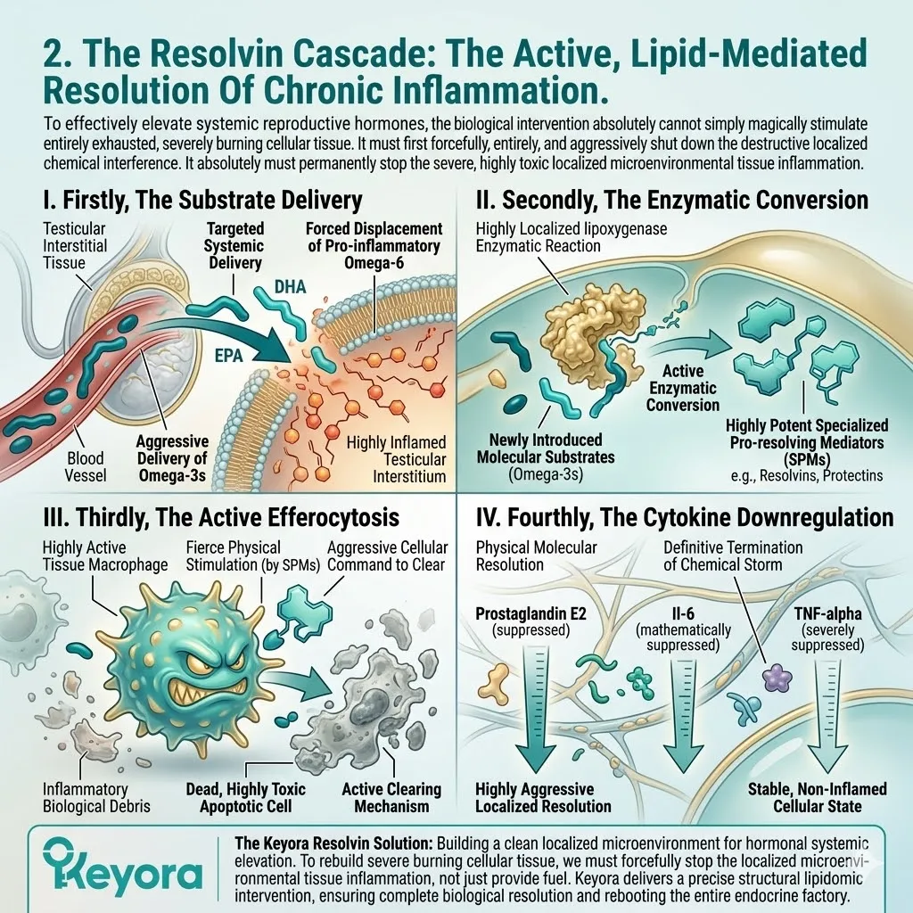 Resolvin synthesis triggers active efferocytosis via the 2-4:1 override, terminating the prostaglandin E2 chemical storm and downregulating toxic cytokines.