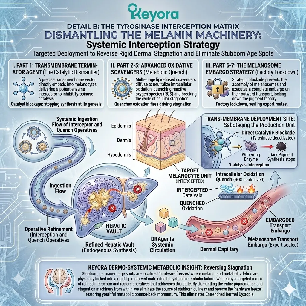 Oxidative triggers activate the MITF transcription factor to fuel the melanin factory, requiring systemic regulator intervention for luminosity.