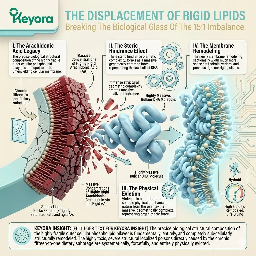 Massive steric hindrance from kinked DHA molecules violently displaces rigid Omega-6 lipids, remodeling the phospholipid bilayer to shatter the 15:1 imbalance.