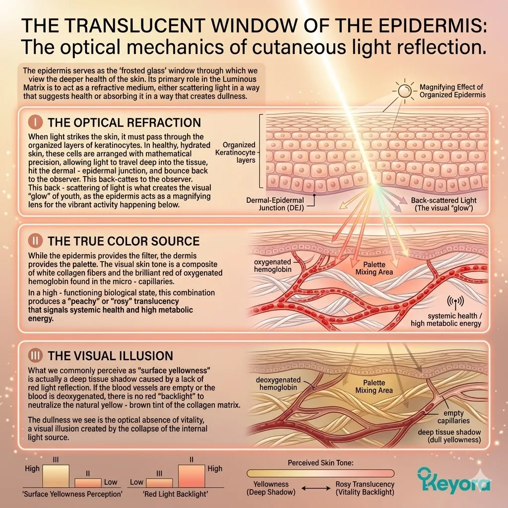 Keyora optical mechanics optimize epidermal refraction and dermal light projection to reverse hemodynamic collapse and restore systemic metabolic energy.