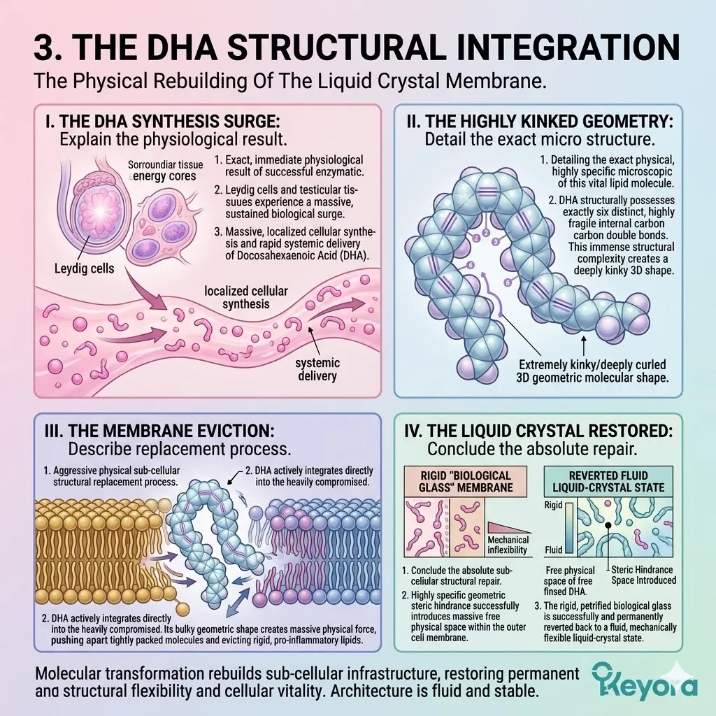 The Four-Drive System integrates DHA to restore liquid-crystal membrane fluidity, utilizing kinked geometry to evict rigid lipids from the cell wall.