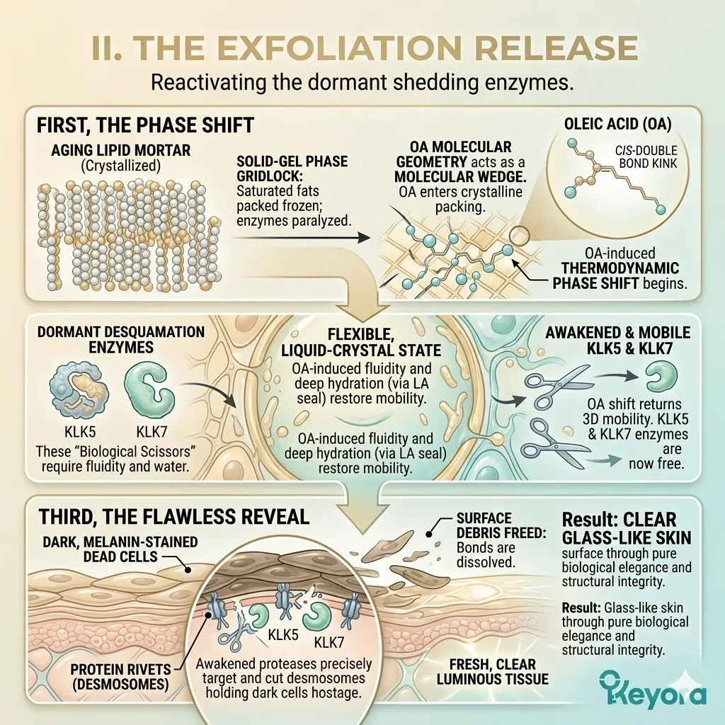 Oleic acid induces a phase shift to activate serine proteases, shattering the pathological web and restoring systemic sovereignty through flawless reveal.
