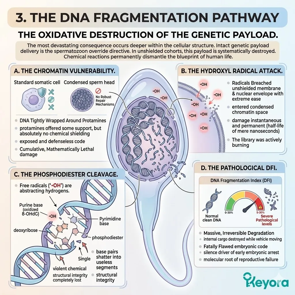 Unshielded hydroxyl radicals breach the nucleus to sever the phosphodiester backbone and dismantle the blueprint of neurological sovereignty.