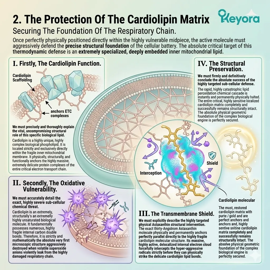 The thirty-Angstrom shield anchors to the cardiolipin matrix, halting lipid peroxidation to preserve the Four-Drive System’s respiratory chain foundation.