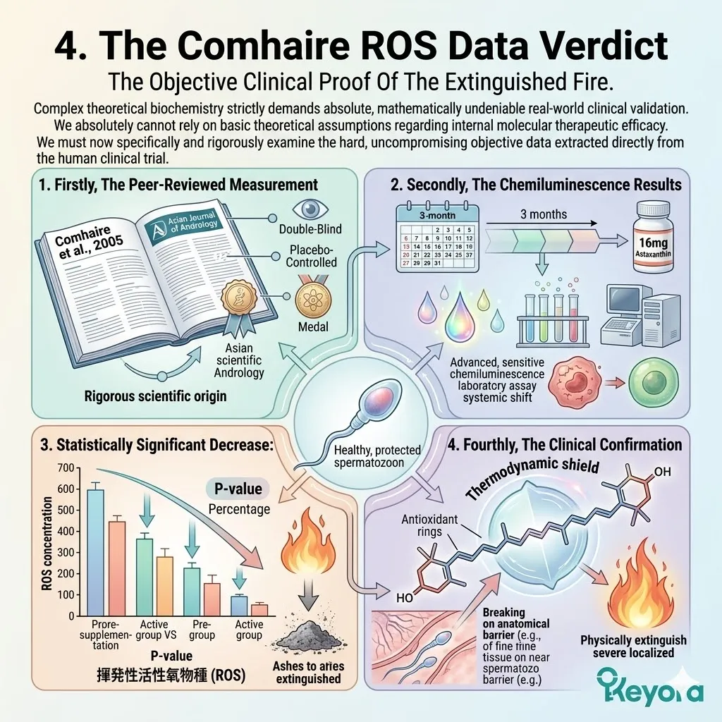 Comhaire clinical data confirms a significant ROS reduction in seminal plasma, validating the 16mg thermodynamic shield within the Keyora Four-Drive System.