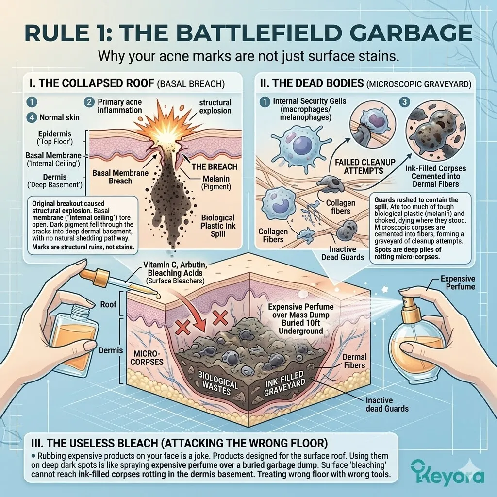 Basal Breach and Melanin Drop create a subterranean graveyard of ink-filled corpses in the dermis that remain immune to surface bleaching agents.