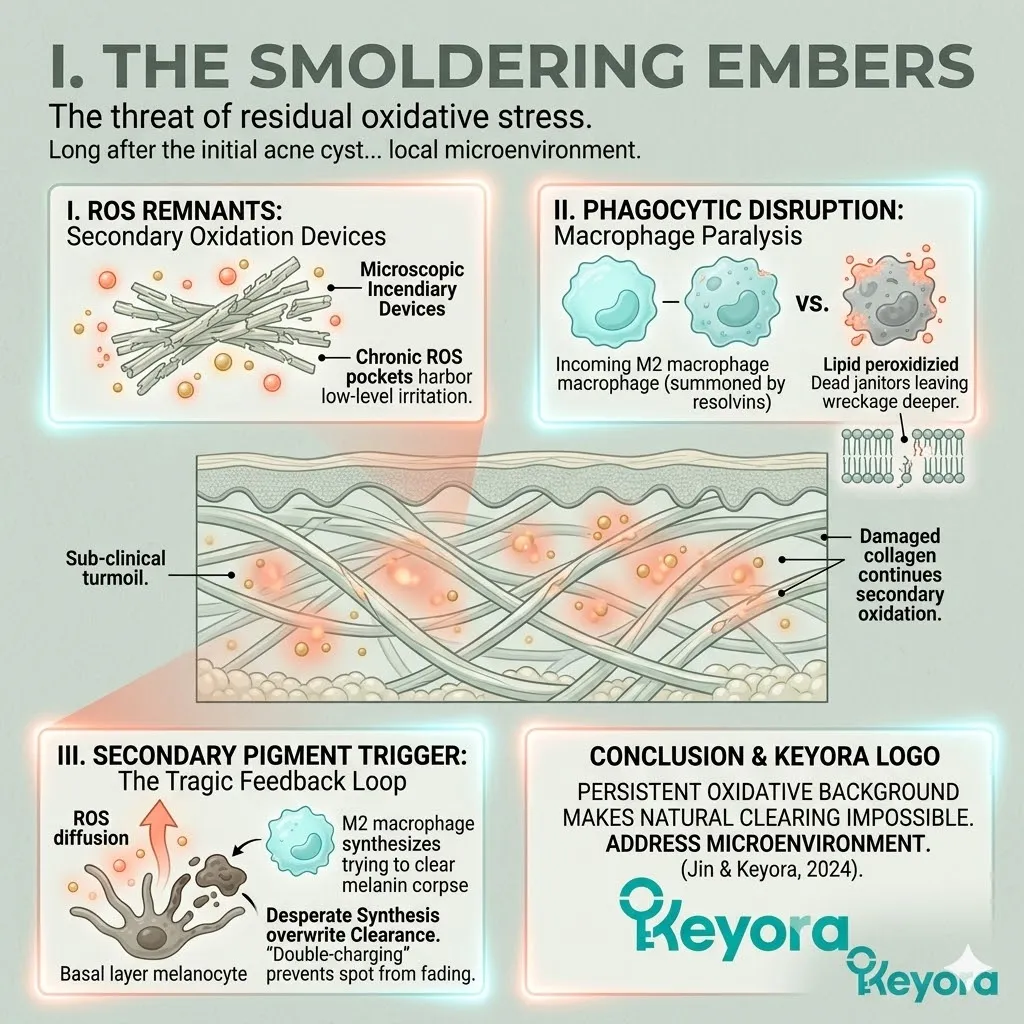 ROS Remnants cause Phagocytic Disruption and Secondary Pigment Triggers, creating a feedback loop of chronic sub-clinical irritation and dermal instability.