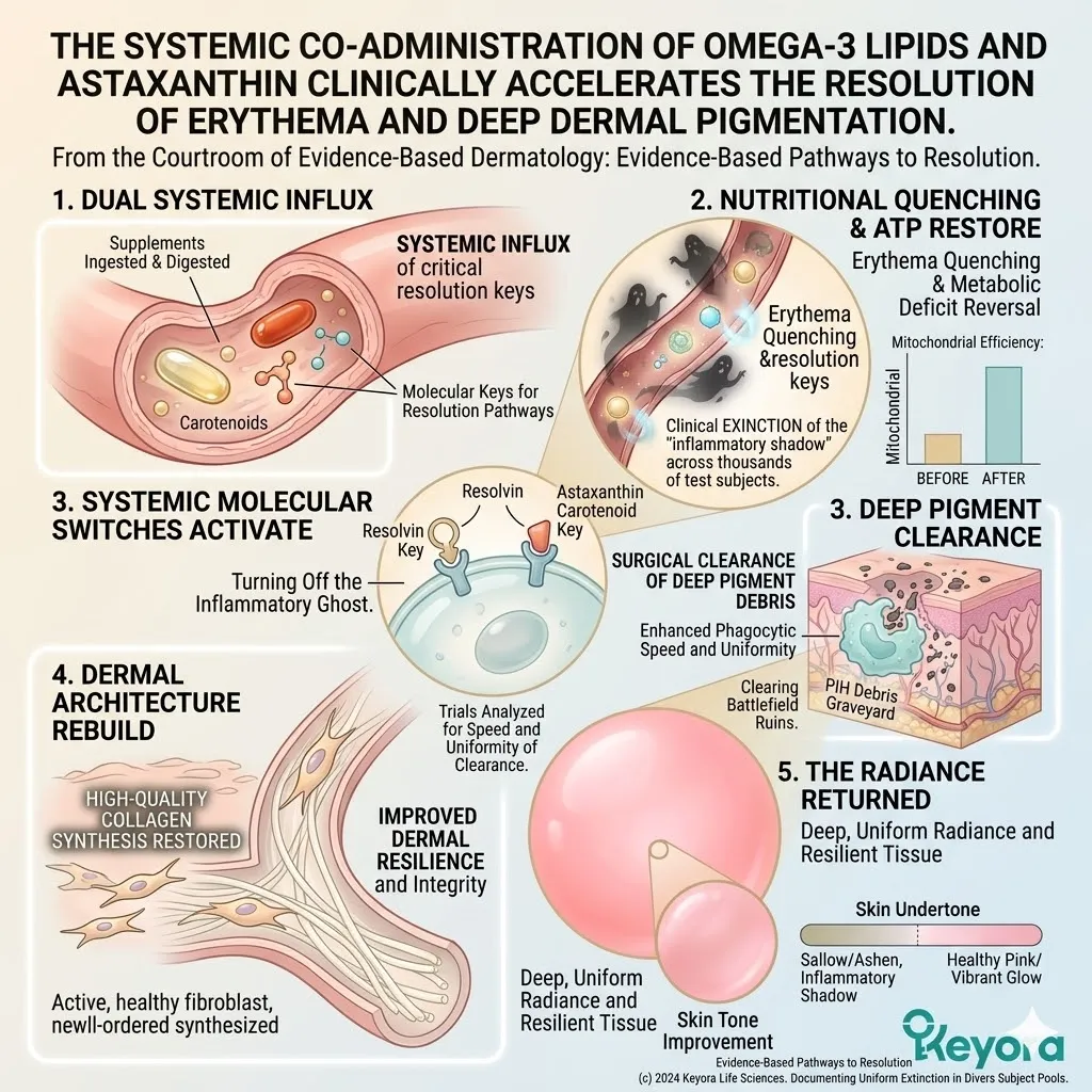 Systemic Co-Administration of Omega-3 and Astaxanthin drives the Clinical Acceleration of Erythema Resolution and Deep Dermal Pigmentation clearance.