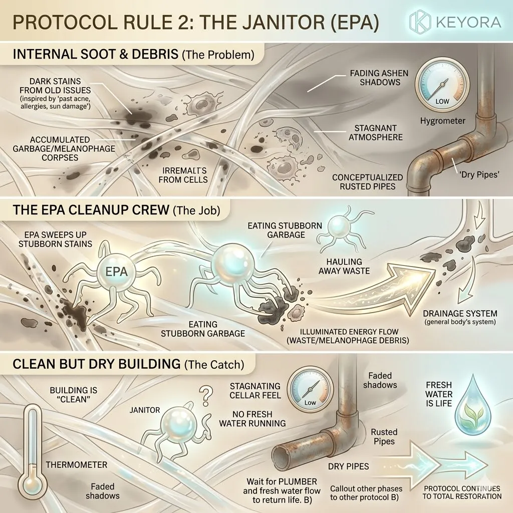The janitor executes physical phagocytosis of the dermal graveyard to resolve the pathological web and establish absolute systemic sovereignty.