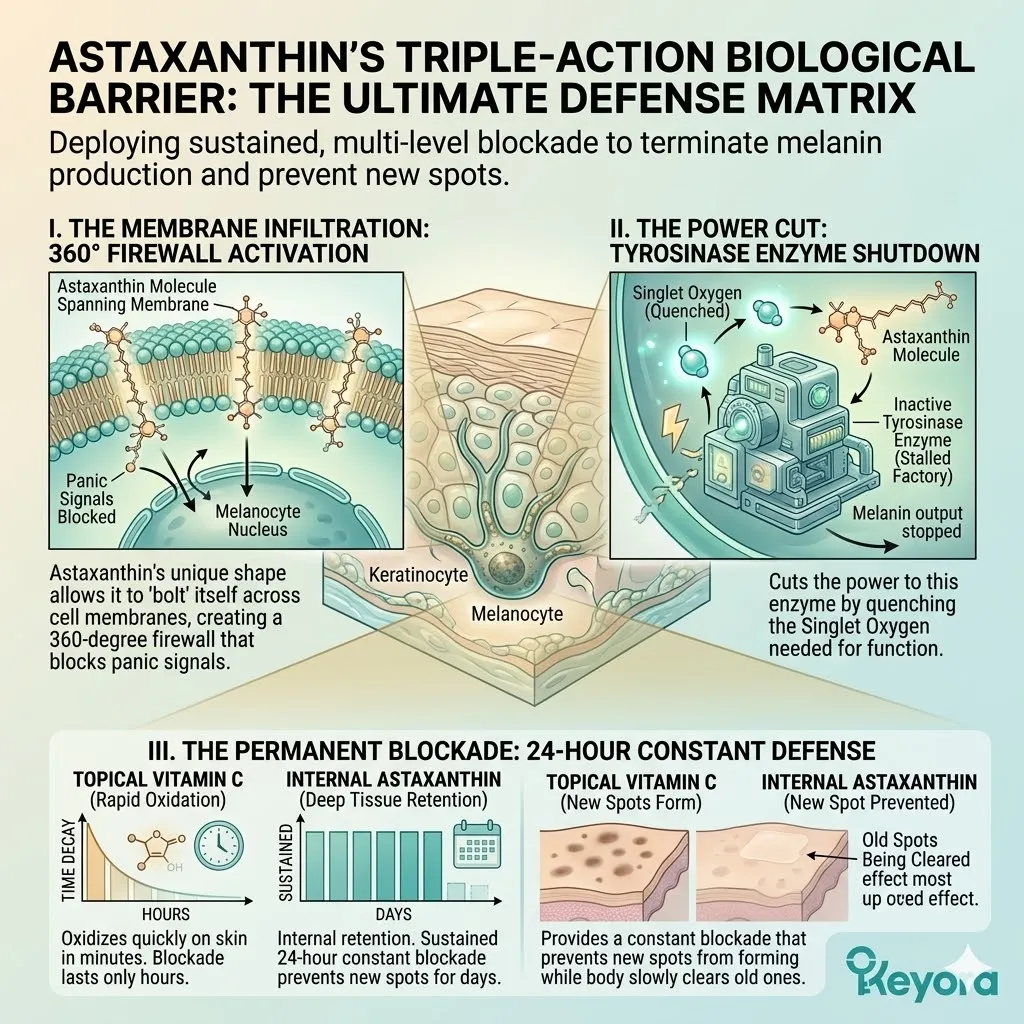 Transmembrane commander astaxanthin executes a 360-degree mitochondrial firewall to trigger a power cut of the tyrosinase enzyme and melanin factory.
