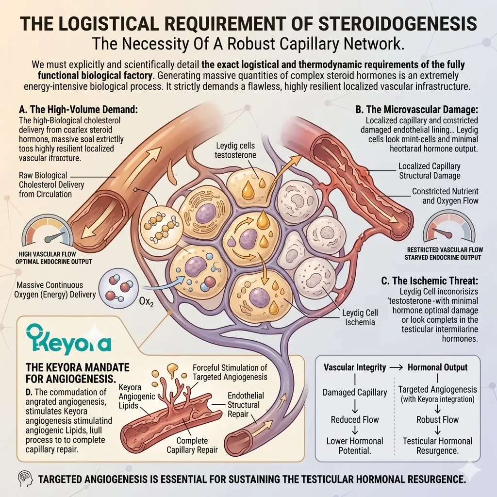 Targeted angiogenesis reverses microvascular damage and cellular ischemia, restoring the high-volume capillary network required for steroidogenesis.