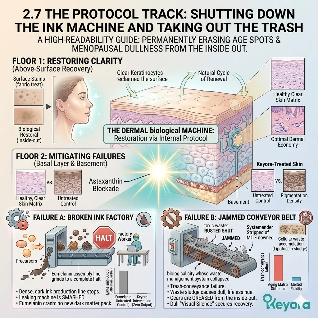 The high-readability protocol executes a structural intervention to smash the leaking ink machine and grease the rusted gears of the biological conveyor belt.