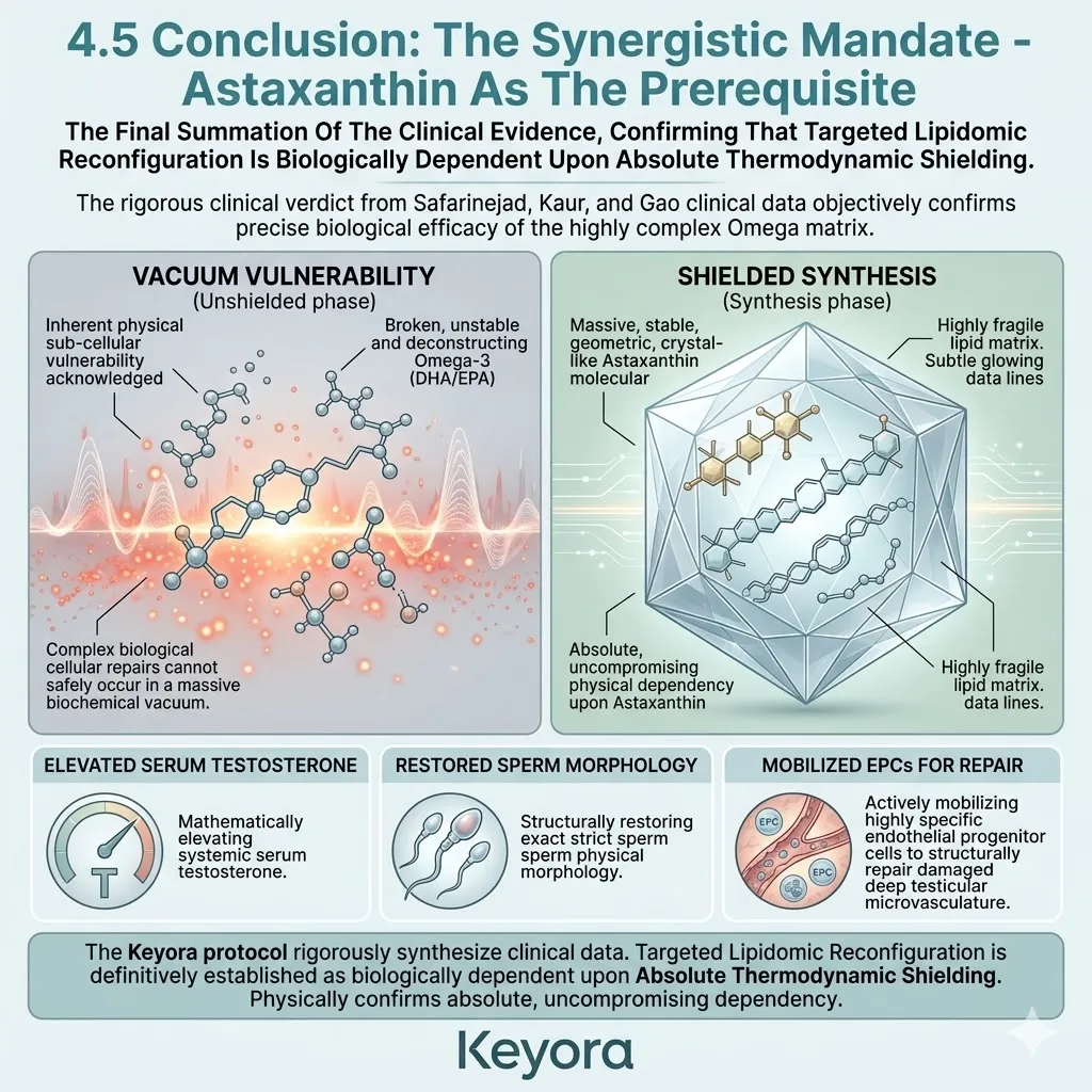 The synergistic mandate confirms that lipidomic reconfiguration and vascular repair are biologically dependent upon the Astaxanthin thermodynamic shield.