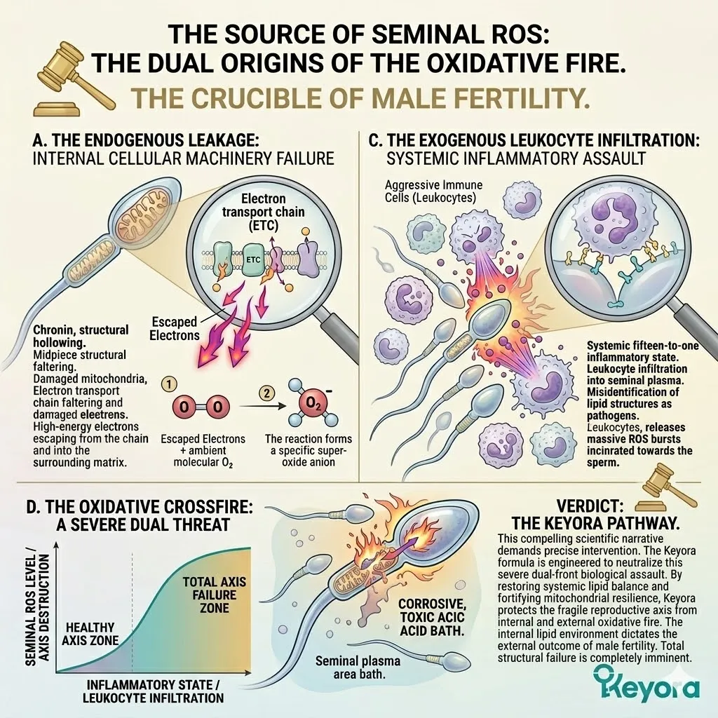 Mitochondrial leakage and leukocyte infiltration generate superoxide anions, creating an oxidative crossfire that compromises the Keyora Four-Drive System.