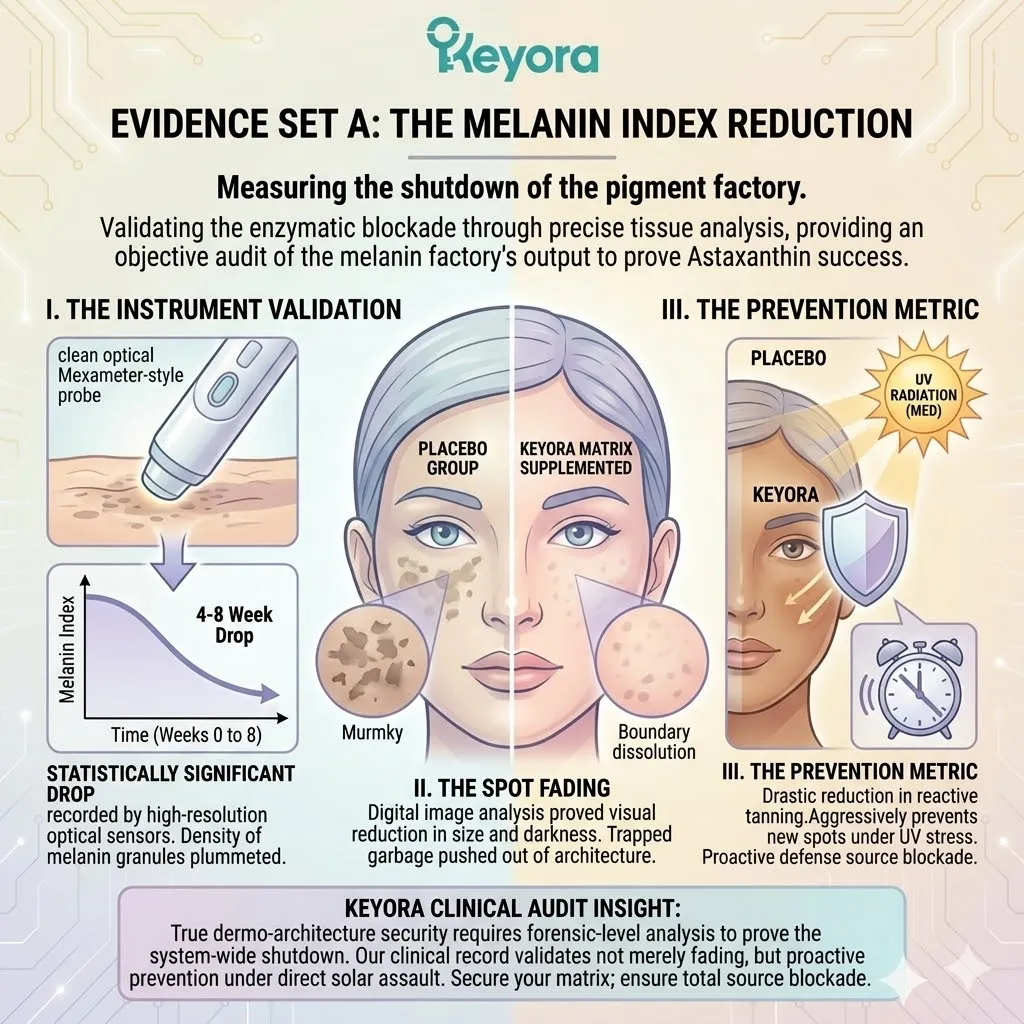 Mexameter optical sensors validate the system-wide tyrosinase interception and cellular expulsion of trapped pigment density.