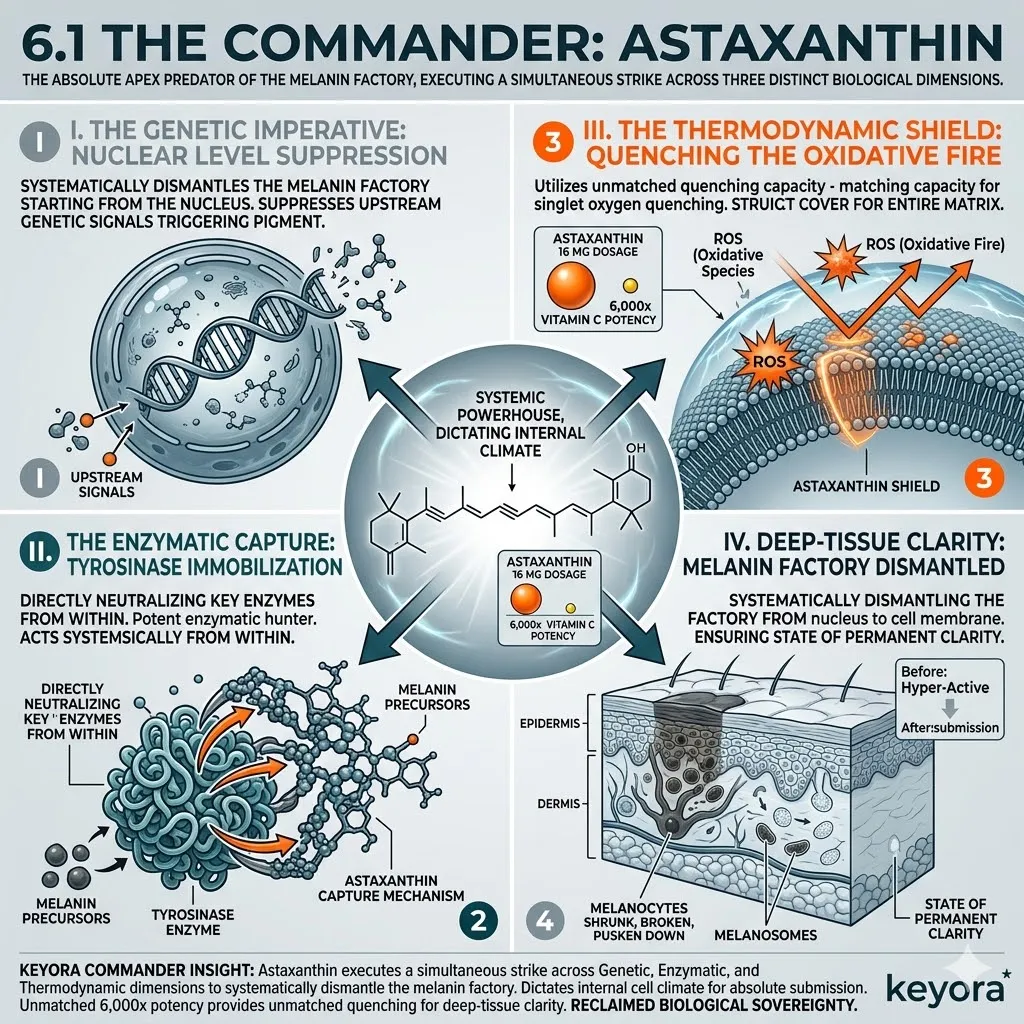 Astaxanthin acts as the apex predator to neutralize the neuro-endocrine storm and execute a genetic strike for absolute systemic sovereignty.